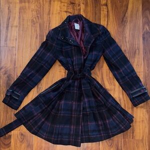 Plaid Belted Wool Fit-and-Flare Plaid Trench / Pea Coat XS
